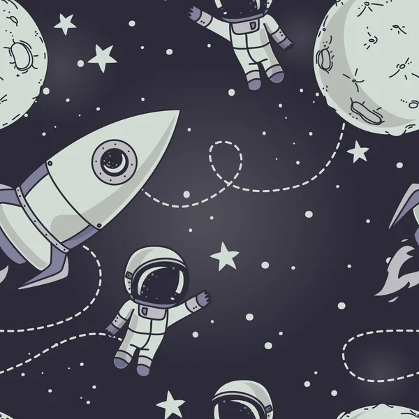 Nahtloser Hintergrund mit niedlichen Doodle-Astronauten, Planeten, Raketen und Sternen — Stockvektor