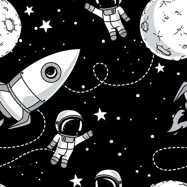 Fondo sin fisuras con lindo doodle astronautas, planetas, cohetes y estrellas — Vector de stock