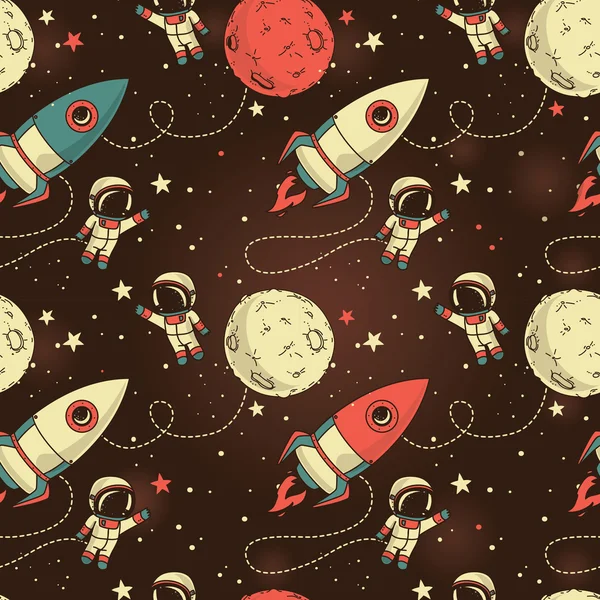 Fond sans couture avec de mignons astronautes doodle, planètes, fusées et étoiles — Image vectorielle