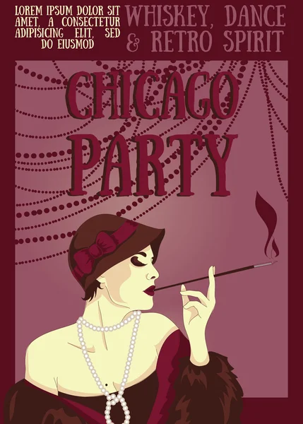 Smoking woman in retro style on Chicago party poster — Stock Vector