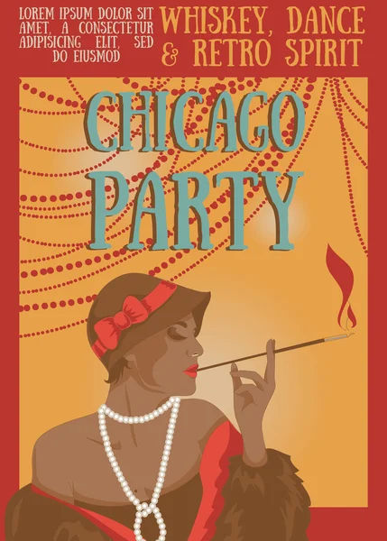 シカゴ パーティ告知ポスターでレトロなスタイルで女性の喫煙 — ストックベクタ