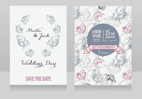 Dos tarjetas de boda con decoración de plumas — Vector de stock