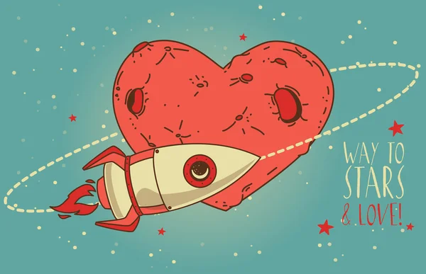 Kartu kosmik untuk hari Valentine dengan roket di jantung terbentuk orbit planet - Stok Vektor