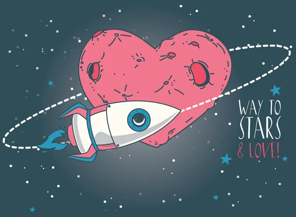 발렌타인 심장 형성 행성 궤도에 로켓과 우주 카드 — 스톡 벡터
