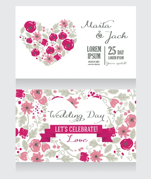 Wedding cards with heart formed flowers — Stock Vector