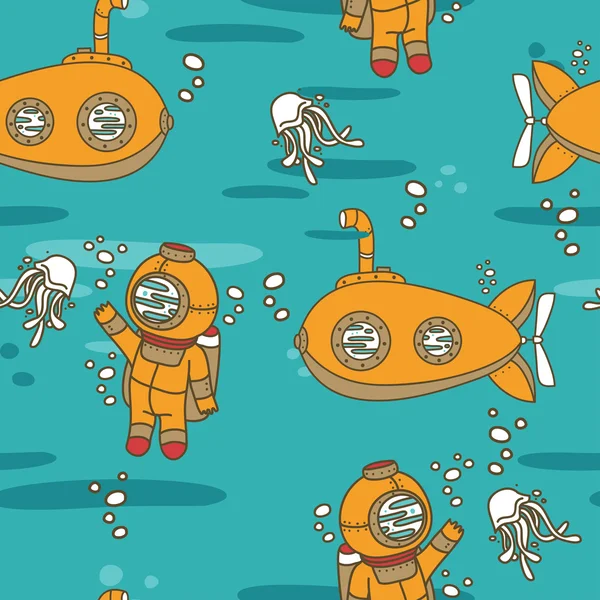 Бесшовный рисунок с симпатичными винтажными подводными лодками, медузами и водолазами — стоковый вектор