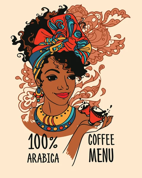 Güzel bir Afrikalı-Amerikalı kadın ve kahve fincanı ile banner — Stok Vektör
