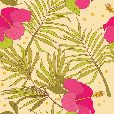 Seamless pattern with hibiscus flowers and palm leaves