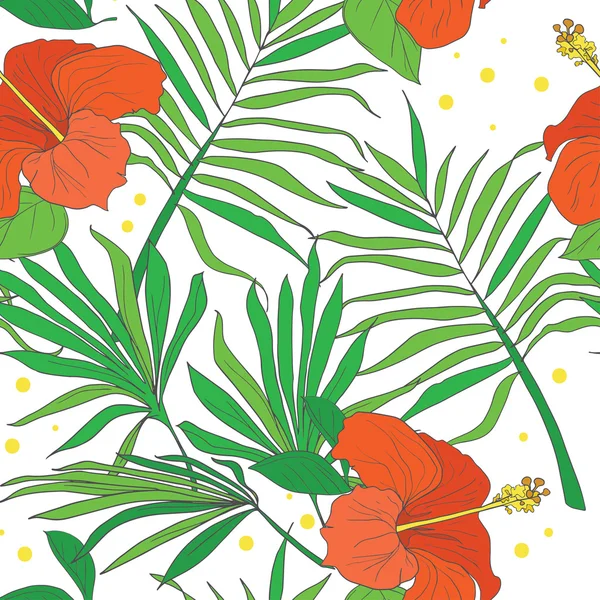 Seamless pattern with hibiscus flowers and palm leaves — Stock Vector