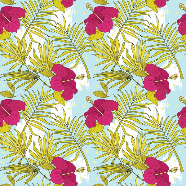 Patrón sin costura con flores de hibisco y hojas de palma — Archivo Imágenes Vectoriales