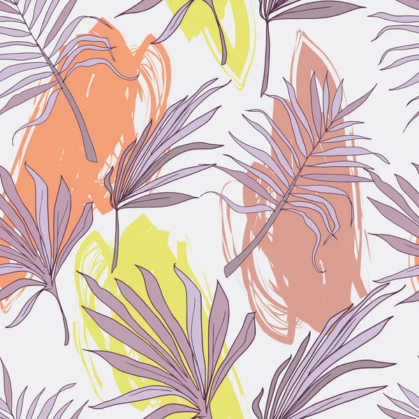 Seamless pattern with palm leaves and painting blurs — Stock Vector