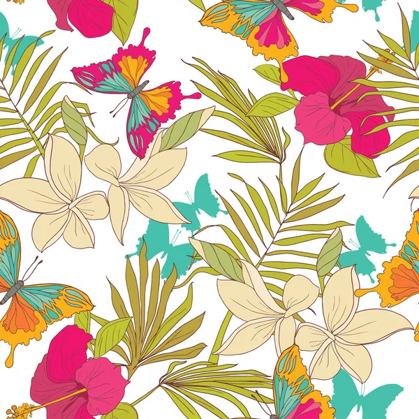 Nahtloses Muster mit tropischen Blumen, Palmblättern und Schmetterlingen — Stockvektor
