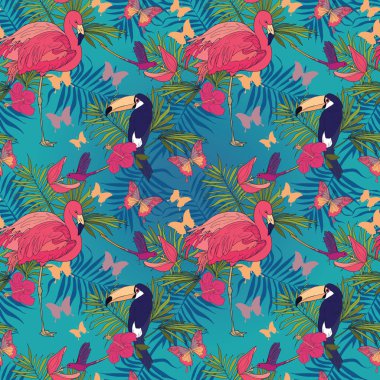 Tropikal kuşlar ve çiçekler ile Seamless Modeli