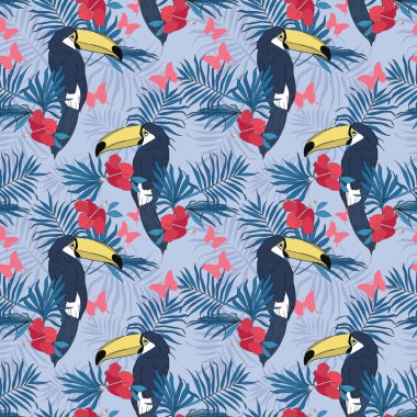 Toucans, tropik çiçekler, ile Seamless Modeli palmiye yaprakları ve kelebekler