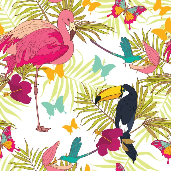 Modèle sans couture avec des oiseaux tropicaux et des fleurs — Image vectorielle
