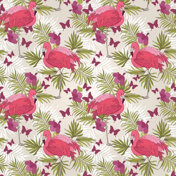 Nahtloses Muster mit Flamingo, tropischen Blumen, Palmblättern und Schmetterlingen — Stockvektor