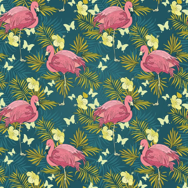 Nahtloses Muster mit Flamingo, tropischen Blumen, Palmblättern und Schmetterlingen — Stockvektor