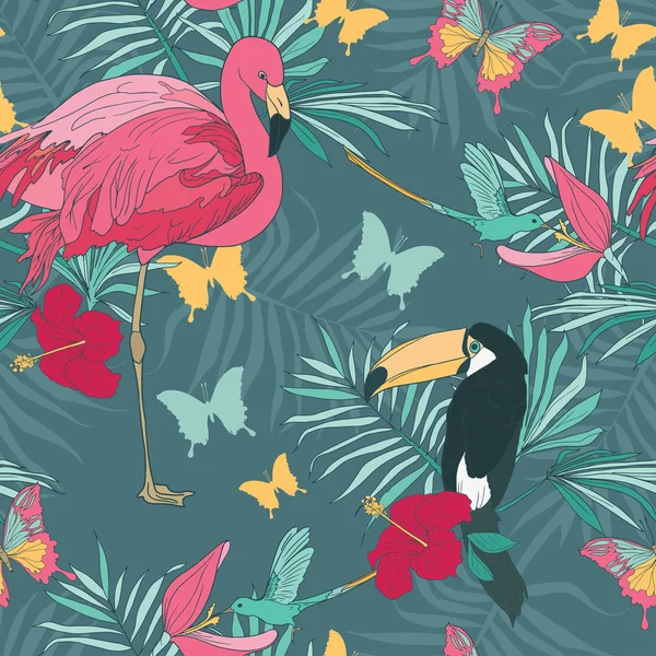 Modèle sans couture avec des oiseaux tropicaux et des fleurs — Image vectorielle