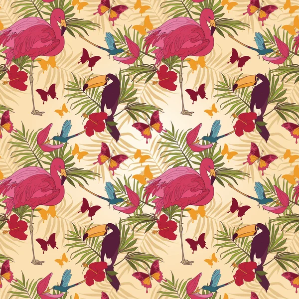 Seamless pattern with tropical birds and flowers — Stock Vector