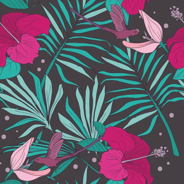 Motif sans couture avec colibri, fleurs tropicales et feuilles de palmier — Image vectorielle