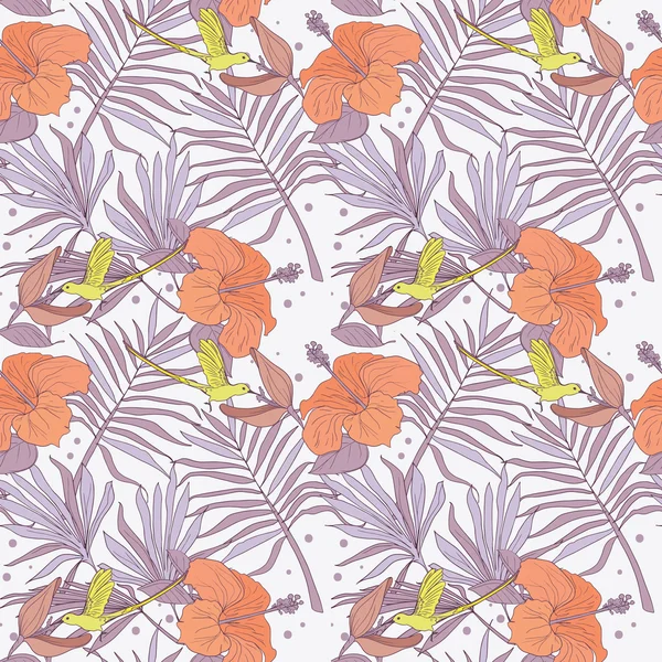 원활한 패턴 colibri와 열 대 꽃, 팜 잎 — 스톡 벡터
