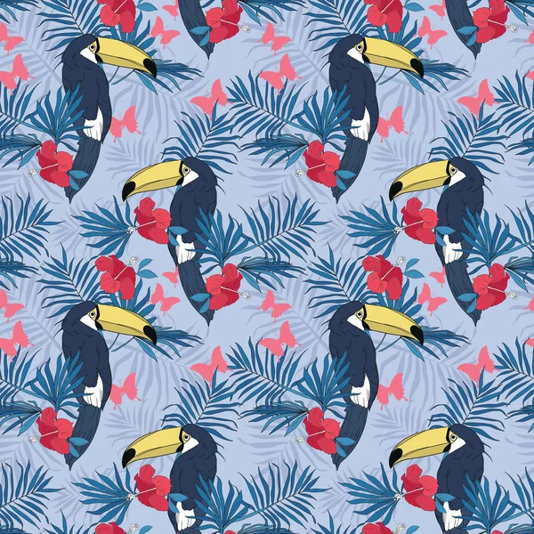 Seamless pattern with toucans, tropical flowers, palm leaves and butterflies — Stock Vector