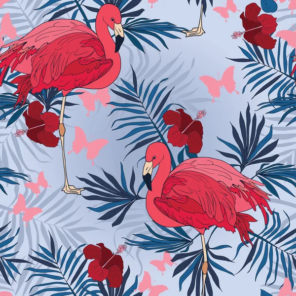 Seamless mönster med flamingo, tropiska blommor, palm lämnar och fjärilar — Stock vektor