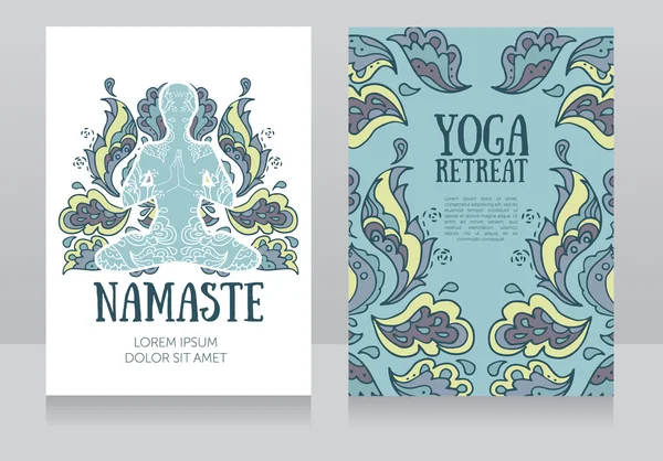 Cartes pour retraite de yoga ou studio de yoga avec ornement paisley et humain dans lotus asana — Image vectorielle