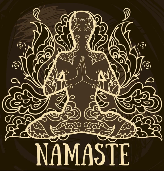 Namaste banner, human in lotus asana with paisley ornament — Stock Vector