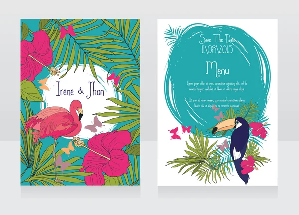 Inviti di nozze in stile tropicale con uccelli — Vettoriale Stock