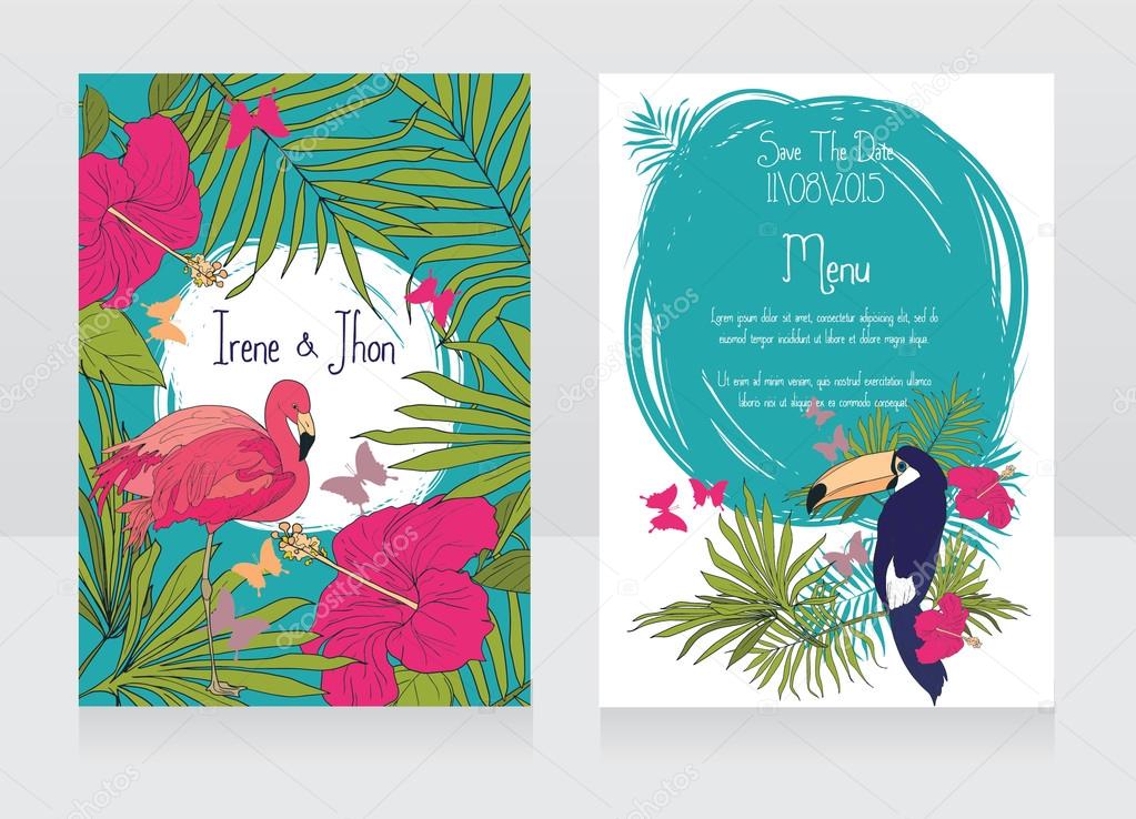wedding invitations in tropical style with birds