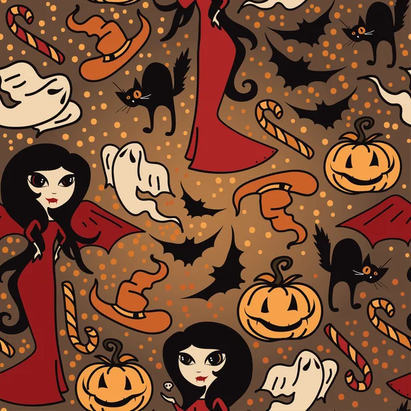 Patrón sin costuras con lindas brujas garabato para halloween — Vector de stock