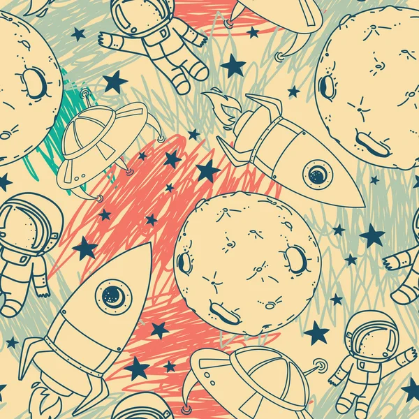Nahtloses Muster mit niedlichen Doodle-Astronauten und Raketen — Stockvektor