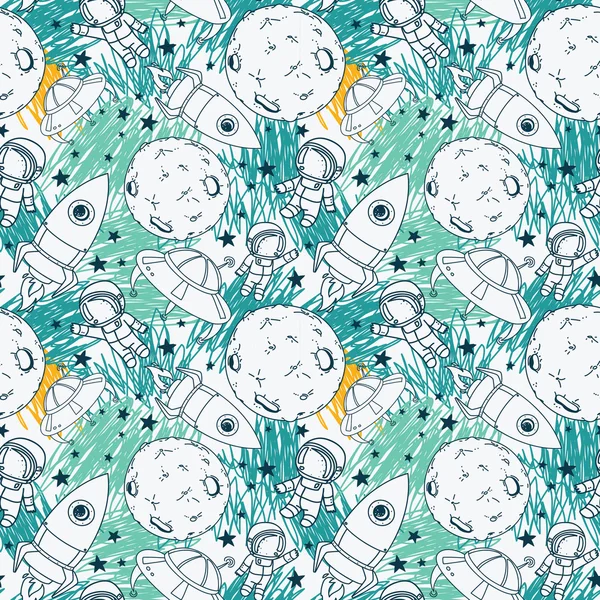 Motif sans couture avec des astronautes doodle mignons et des fusées — Image vectorielle