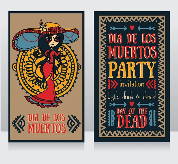 Cartões de convite bonitos para dia de los muertos — Vetor de Stock