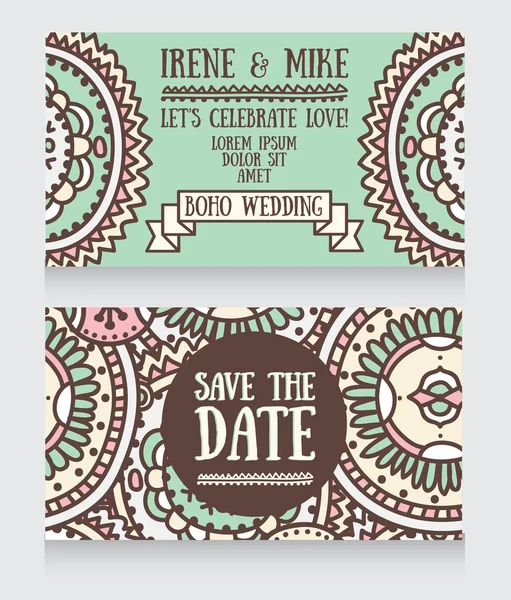 Deux cartes d'invitation de mariage pour le style boho — Image vectorielle