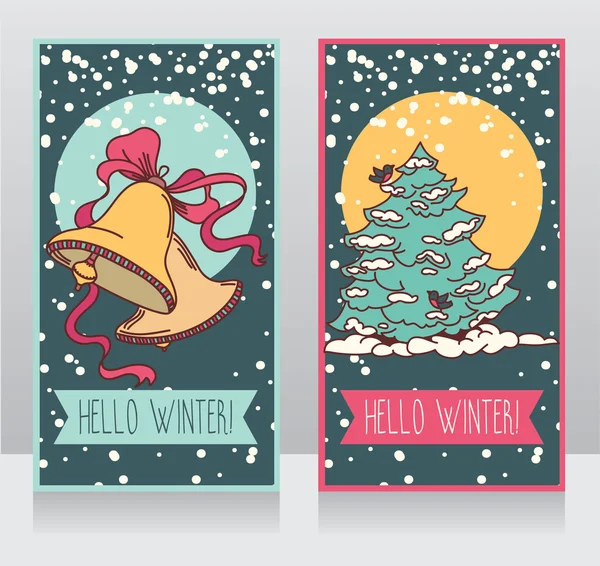 Biglietti invernali con albero di Natale carino e campane — Vettoriale Stock