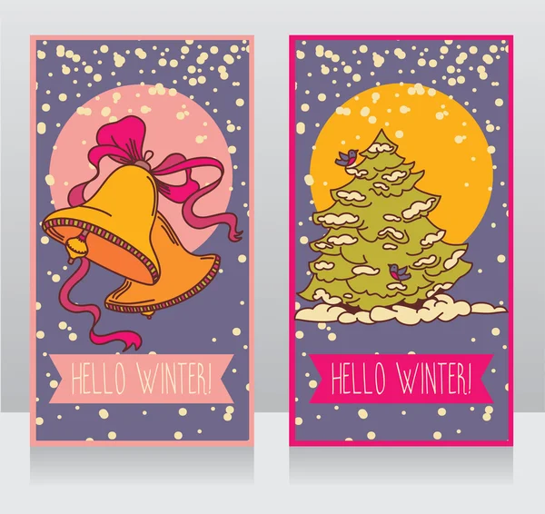 Tarjetas de invierno con lindo árbol de Navidad y campanas — Vector de stock