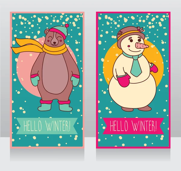 Winterkarten mit süßem Schneemann und glücklichem Bären — Stockvektor