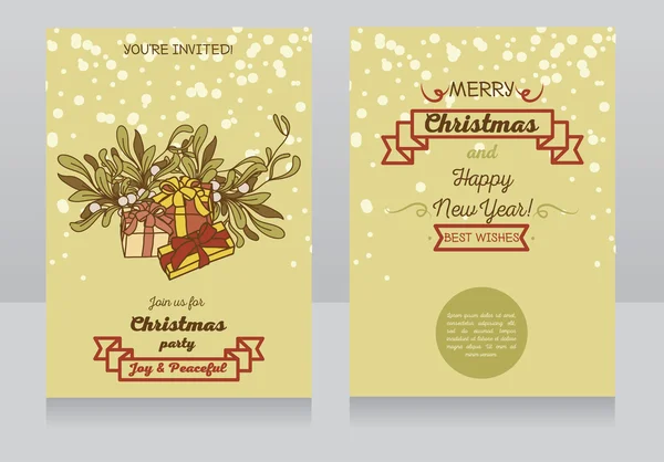 Cartes de vœux avec cadeaux de Noël et gui — Image vectorielle
