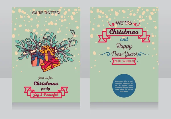 Cartes de vœux avec cadeaux de Noël et gui — Image vectorielle