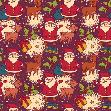 sevimli çizgi Noel Baba ve Noel geyiği ile Seamless Modeli