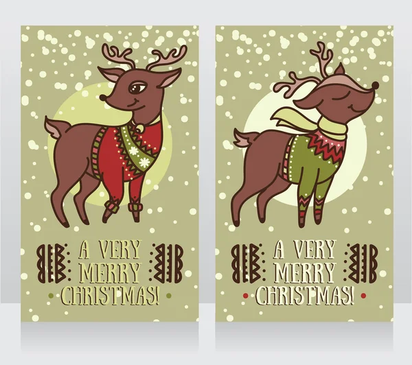 Tarjetas de felicitación para Navidad con ciervos lindos en suéteres — Vector de stock