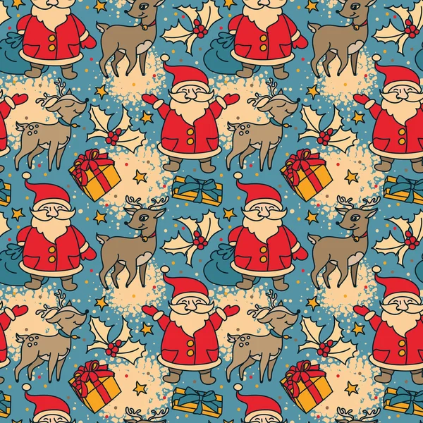 Motif sans couture avec santa dessin animé mignon et cerf de Noël — Image vectorielle