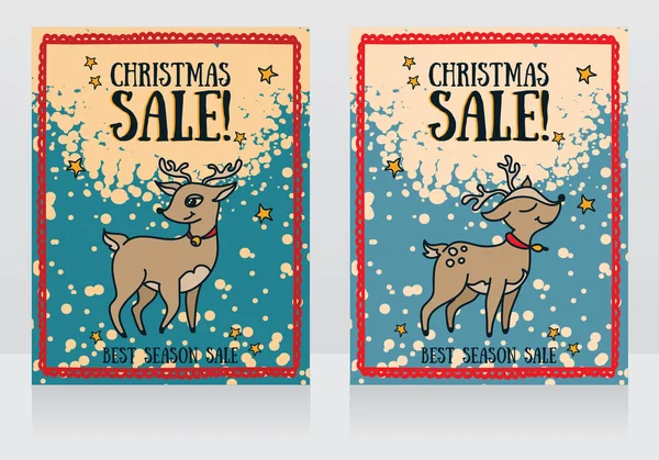 Cards for christmas sale with cute doodle deer — Stock Vector