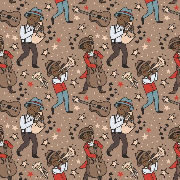 Seamless pattern with cute african american musicians in 1920's style — Stock Vector