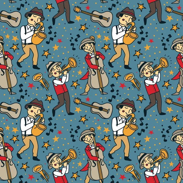 Seamless pattern with cute doodle musicians in 1920's style — Stock Vector