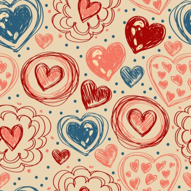 doodle kalp simgeleri Sevgililer günü, retro renkleri ile Seamless Modeli