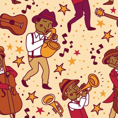 seamless pattern with cute doodle musicians in 1920's style clipart