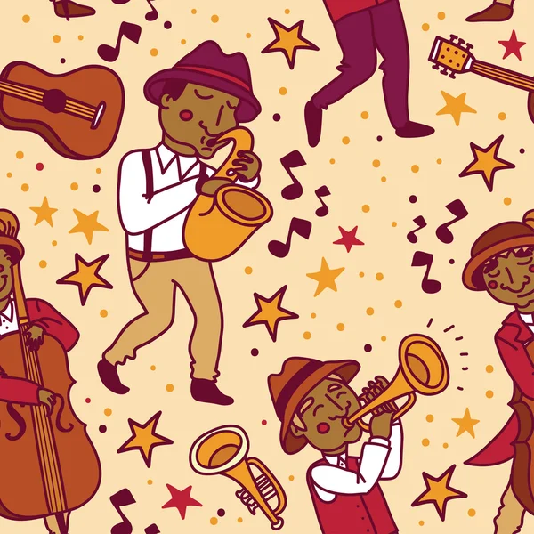 Seamless pattern with cute doodle musicians in 1920 's style — стоковый вектор